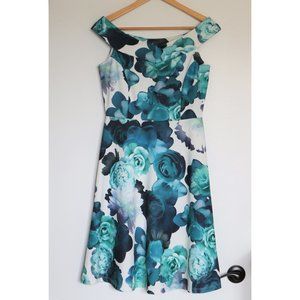 Teal and White Floral Off the Shoulder Fit and Flare Dress NWT